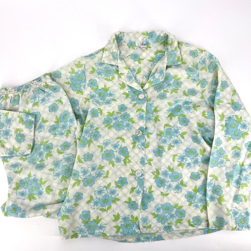 Vintage 70s Sears Two Piece Flannel Floral Pajama Set Womens Size 36 Mod